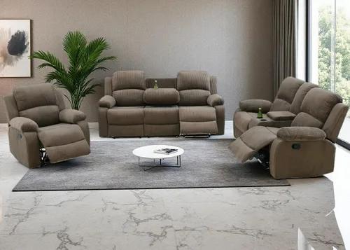 Vista 28 de Juego de Muebles para Sala de Estar, Juego de Sofá Reclinable Manual, Juegos de Sofás Reclinables de Cuero Beige con Mesa Desplegable, Sofá