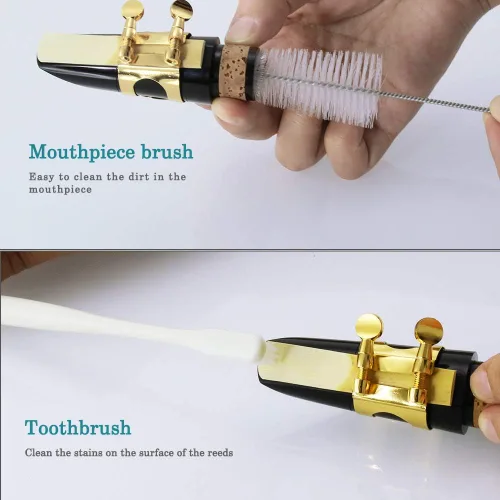 Vista 6 de Kit de limpieza de cuidado de limpiador de saxofón, kit de mantenimiento, aceite de clave, grasa de corcho, hisopo, paño de limpieza, reposamuñecas