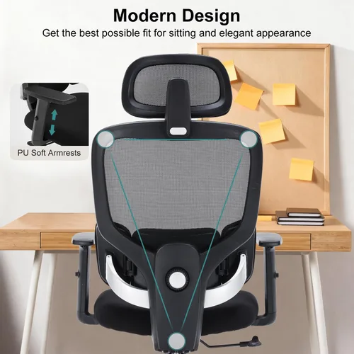 Vista 5 de Silla de oficina ergonómicas con soporte lumbar ajustable y reposacabezas, sillas de escritorio de malla con respaldo alto de malla, reposabrazos