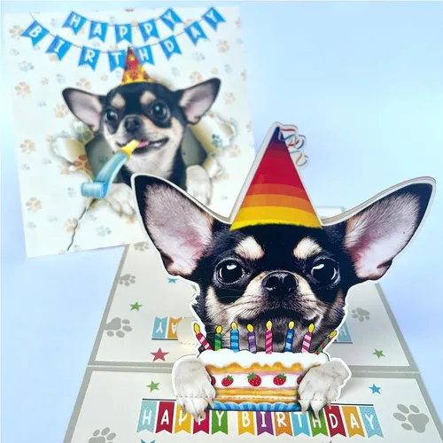 DongNaiWin Tarjetas desplegables divertidas de cumpleaños 3D de Chihuahua negro, tarjetas emergentes de cumpleaños 3D de Chihuahua, tarjetas