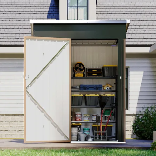 Vista 45 de Cobertizo de almacenamiento de metal negro de 10 x 10 pies, cobertizo de herramientas duradero para exteriores con construcción de acero resistente