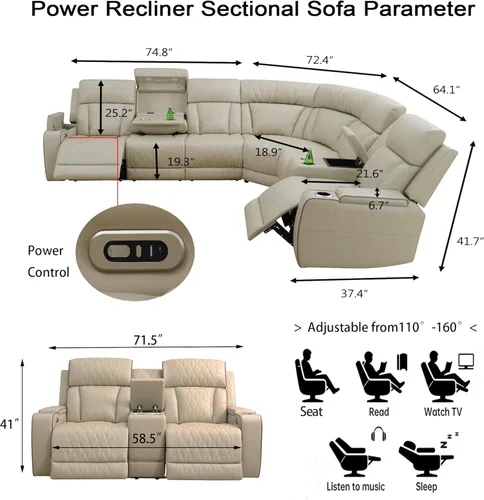 Vista 2 de Juego de sofá seccional reclinable eléctrico, juegos de muebles de sala de estar, sofá seccional de cuero transpirable y sofá biplaza con 4
