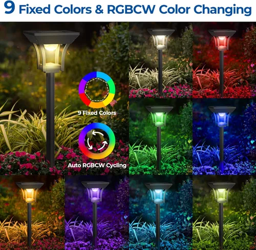 Vista 2 de CINOTON Paquete de 2 luces solares RGBCW para exteriores, 3 modos de iluminación, luz LED solar para jardín, IP65, impermeable, funciona con energía