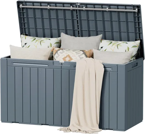 Vista 24 de Caja de resina de cubierta de 40 galones de Flamaker, caja de almacenamiento impermeable para interiores y exteriores, imitación de madera