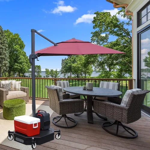 Vista 8 de Base de paraguas con ruedas y mesa auxiliar para sombrilla de poste central o compensado. Base de paraguas rodante y soporte de paraguas rodante