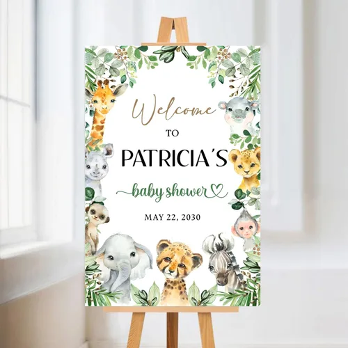 Cartel de bienvenida personalizado de safari floral para baby shower, 18 x 24 pulgadas, plástico, contemporáneo, tema de animal, montaje en mesa o