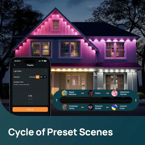 Vista 4 de Linkind Luces de alero para exteriores para luces de Pascua, 100 pies con 72 LED triples, iluminación AI, luces inteligentes RGBTW para exteriores