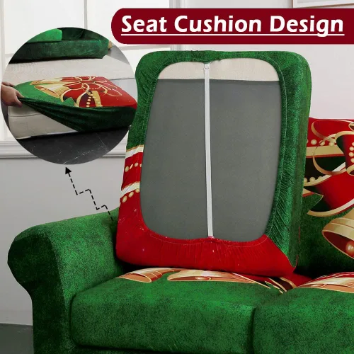Vista 5 de LIPOR Fundas elásticas para sofá de Navidad, 3 piezas, con 2 fundas de cojín, campanas de Navidad verdes, decoración del hogar, protector de muebles