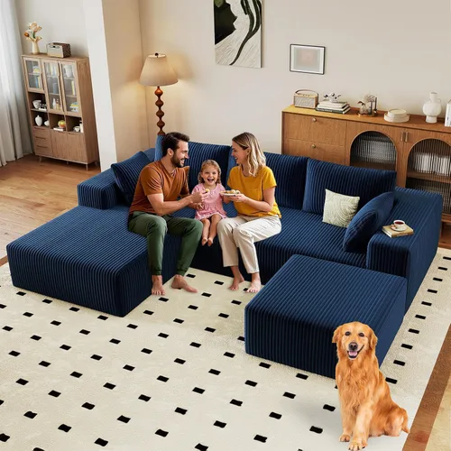 Vista 17 de Sofá modular de 95 pulgadas con otomana, moderno sofá nube de pana con asiento profundo, sofá sin hueso tapizado de 3 plazas en forma de U para sala