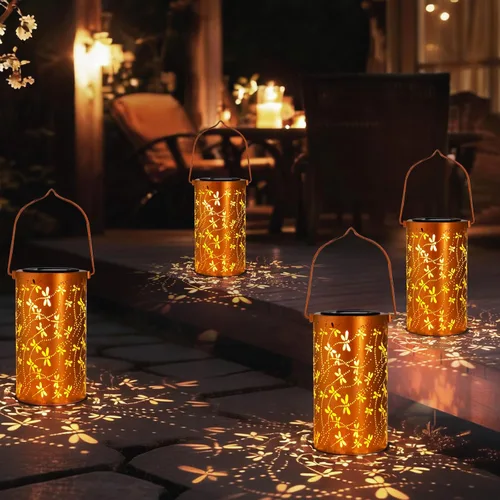 Vista 17 de Linternas solares colgantes al aire libre, linternas de metal decorativas de hadas - Luz decorativa LED impermeable para jardín, patio, césped