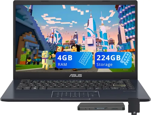 ASUS Portátil empresarial FHD de 14 pulgadas, Intel Celeron N4500, 4 GB de RAM, 224 GB de almacenamiento (64 GB eMMC+160 GB de estación de