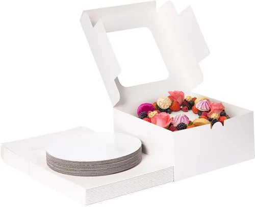 Vista 9 de Moretoes 15 juegos de cajas para pasteles, cajas de panadería de 10 x 10 x 5 pulgadas con tablas de pastel, 10 pulgadas con calcomanías, recipientes