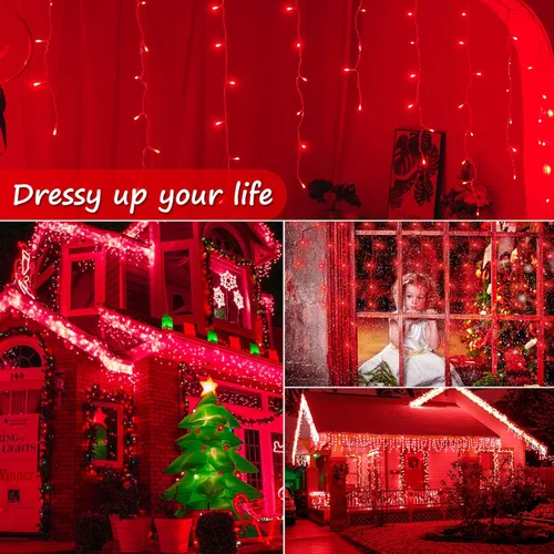 Vista 7 de Luces de Navidad para exteriores Luces de Carámbano 300 LED, 33 pies, 8 modos, luces de cadena colgantes de hadas conectables con enchufe de 30 V