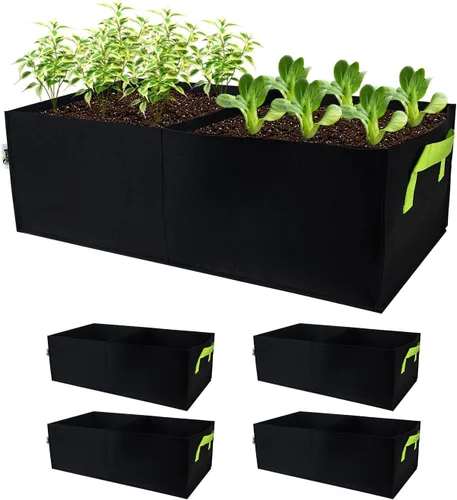 Vista 6 de Bolsas de Cultivo para Plantas, Paquete de 5 Bolsas de Tela Elevadas para Plantar, Bolsa de Cultivo Rectangular de 2 Agujeros, Macetas Transpirables
