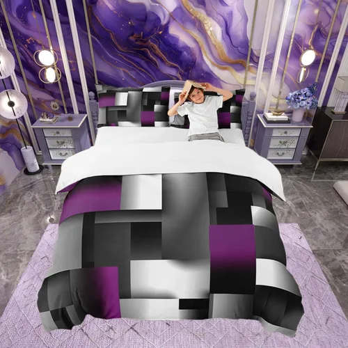 Vista 24 de Funda de edredón cuadrada azul, juego de ropa de cama de cuadrícula gris y blanca, funda de edredón moderna para decoración de habitación de niños