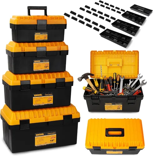 Paquete de 4 cajas de herramientas, caja de herramientas de plástico resistente con bandejas extraíbles y divisores, caja de almacenamiento portátil