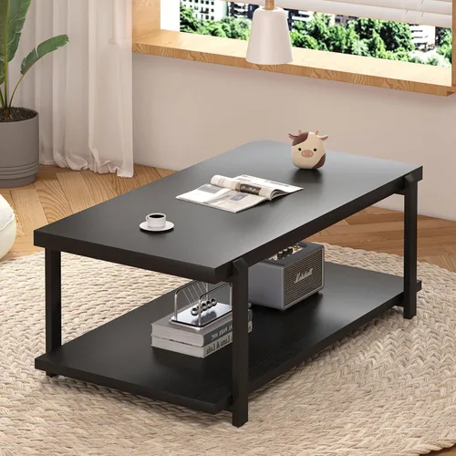 Vista 7 de FOLUBAN Mesa de centro negra, moderna mesa central de madera rústica con almacenamiento para sala de estar, mesa de té de cóctel rectangular