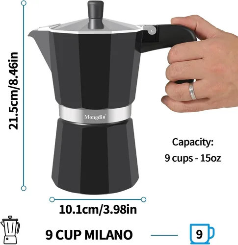 Vista 6 de Mongdio Cafetera de café expreso para estufa, cafetera cubana para estufa, olla italiana greca moca, 9 tazas de expreso, 15 onzas, color negro