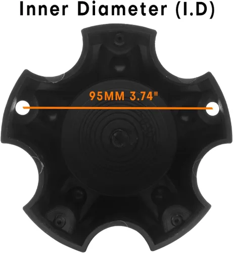 Vista 3 de Tapas centrales de rueda de 4.41 pulgadas para tapacubos centrales Ballistic, paquete de 4 tapas centrales negras de repuesto, 5 orejetas