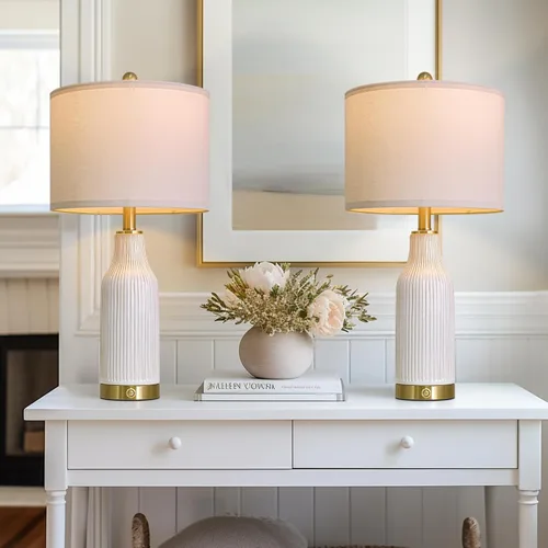 Vista 10 de Juego de 2 lámparas de mesa modernas de cerámica verde de 23.75 pulgadas para sala de estar, lámpara de mesita de noche de casa de campo