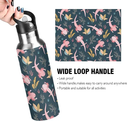 Vista 5 de Mexican Axolotl Sport - Botella de agua deportiva con tapa de pajilla, doble pared aislada al vacío, botella de agua de acero inoxidable de 20 onzas