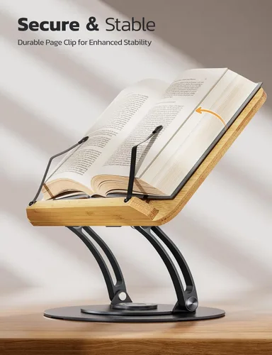 Vista 5 de Nulaxy Bamboo 360 - Soporte giratorio para libros de lectura, soporte ajustable para libros de texto para leer manos libres, soporte plegable