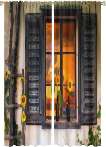 Vista 34 de Cortina de girasoles de verano, girasoles con gafas de sol sobre madera, bolsillo para barra, cortinas opacas para dormitorio, cocina, sala