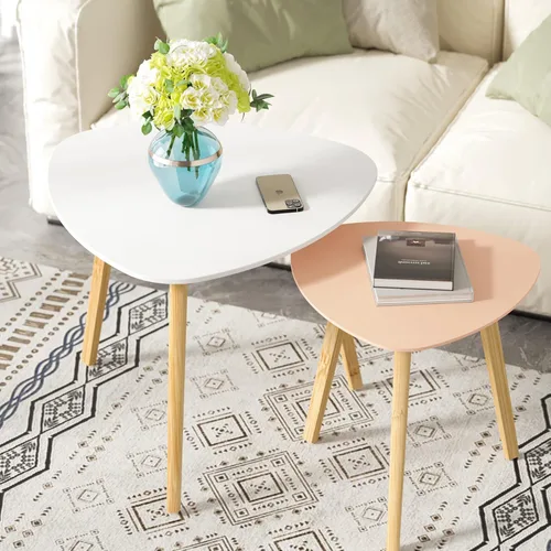 Vista 7 de BAMEOS Mesa auxiliar triangular anidable de bambú, juego de 2 mesas auxiliares modernas minimalistas para sala de estar, balcón en blanco y gris