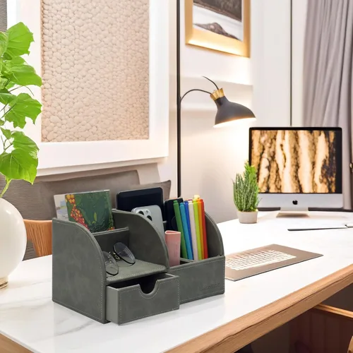 Vista 12 de UnionBasic Organizador de escritorio - Caja de almacenamiento multifuncional de cuero para escritorio con soporte para bolígrafos - Para tarjetas