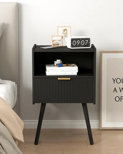 Vista 8 de JOONEE Mesita de noche negra, moderna mesita de noche con cajón de almacenamiento y estante de madera abierta, para sala de estar, dormitorio