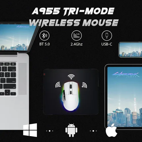 Vista 2 de DAREU Ratón inalámbrico para juegos A955 con base de carga RGB Ratón trimodo 2.4GUSB-CBT Ratón hasta 12K DPI Sensor óptico -Botones KBS II