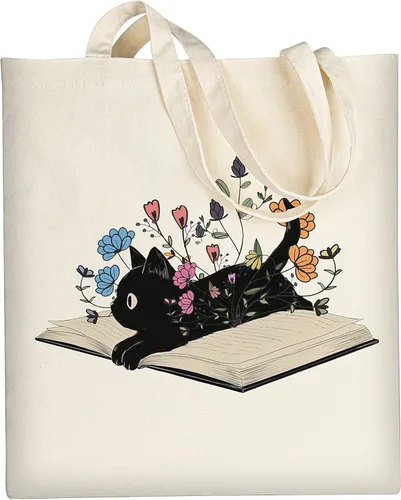 Vista 8 de AUSVKAI Bolsa de lona estética para mujer, lindas bolsas de algodón reutilizables de tela para compras, playa, comestibles, Libro de flores de gato
