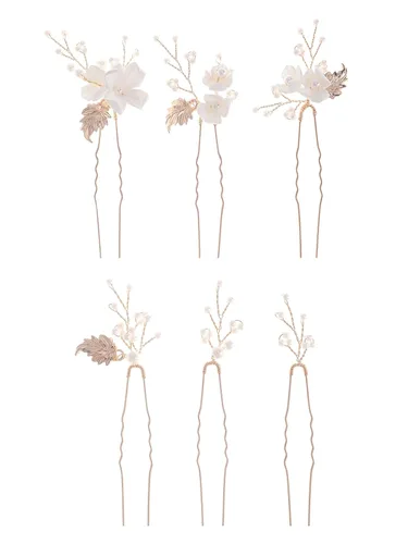 Vista 5 de Horquillas de novia hechas a mano con perlas para boda, 6 piezas, flores blancas, perlas de hoja dorada, accesorios para el pelo para mujeres