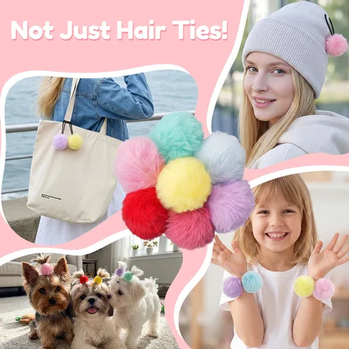 Vista 5 de MORGLES 16 lazos para el pelo con pompones, soportes esponjosos para coletas de caballo para niñas y niños pequeños, 2 pulgadas, multicolor