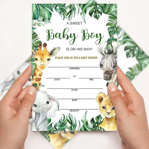 Vista 3 de Invitaciones de baby shower para niño, tarjetas de relleno de animales de la selva con sobres, de madera, juego de 25.