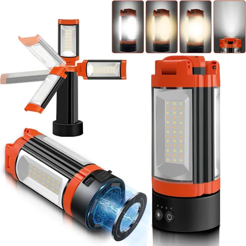 Vista 9 de Luz de campamento recargable de 12000 mAh con soporte ajustable, luz de trabajo inalámbrica con 3 cabezales de lámpara LED, linterna de emergencia