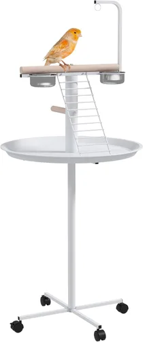 PawHut Soporte para pájaros, soporte de loro con ruedas, perchas, cuencos de alimentación de acero inoxidable, bandeja redonda, soporte de juego de