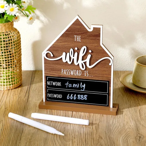Vista 9 de Letrero de Contraseña con Patrón WiFi para Invitados del Hogar Mesa de Madera Letrero con Patrón WiFi de Madera con Tablero Pluma Borrable Pizarra