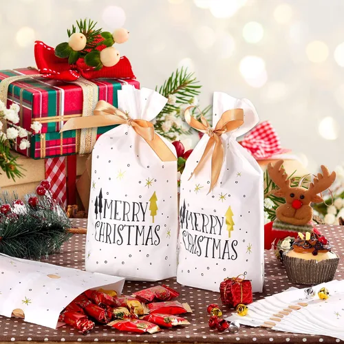 Vista 6 de Frienda - Paquete de 30 bolsas de regalo de Navidad con estampado de árbol de Navidad, bolsa de dulces con cordón para galletas y caramelos, bolsa