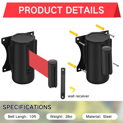 Vista 3 de Yaocom Cinturón retráctil de 2 piezas para cinturón de precaución de montaje en pared de 10 pies con caja negra, barreras de control de multitudes