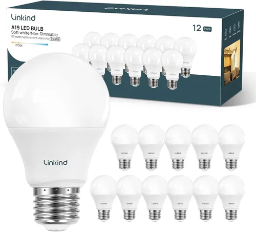 Vista 18 de Linkind Bombilla LED A19, equivalente a 40 W, 5 W 2700 K, blanco suave, 450 lúmenes no regulables, base estándar E26, certificación UL de eficiencia