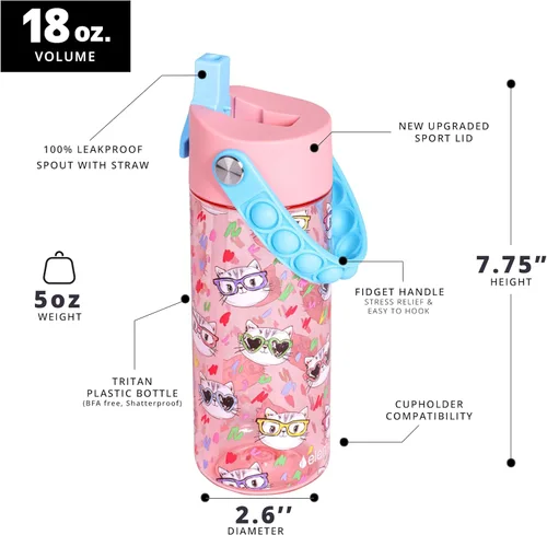 Vista 41 de Elemental Botellas de agua para niños – Botella de agua para niños Splash para la escuela con mango Pop-it – Botella de agua de plástico Tritan sin