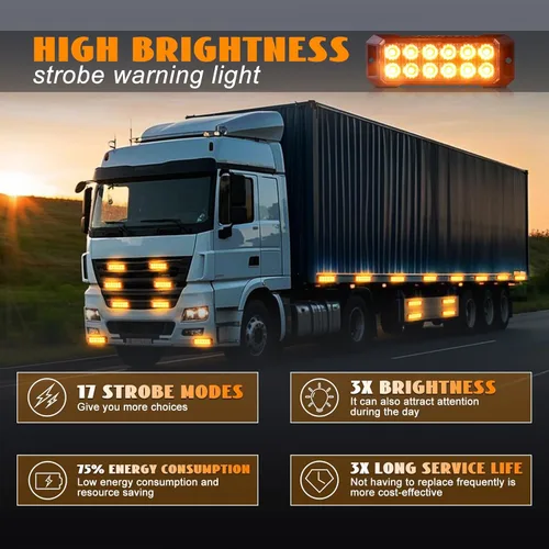 Vista 4 de 2 luces LED estroboscópicas ámbar 12 luces LED para remolque, camión, montaje en superficie, luces estroboscópicas de emergencia intermitentes