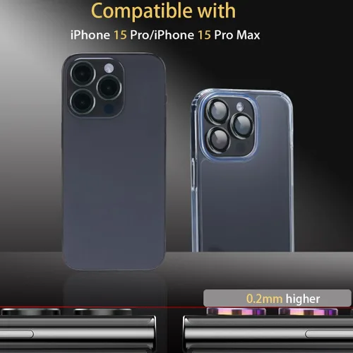 Vista 2 de Protector de lente de cámara para iPhone 15 Pro Max, protector de lente de vidrio templado con anillo de aleación de aluminio, compatible con iPhone