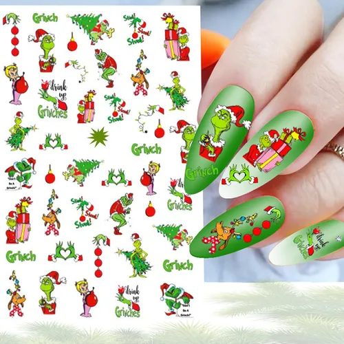 Vista 4 de 6 hojas de calcomanías navideñas para uñas, calcomanías de uñas de Navidad 3D, divertido diseño de dibujos animados, accesorios de decoración