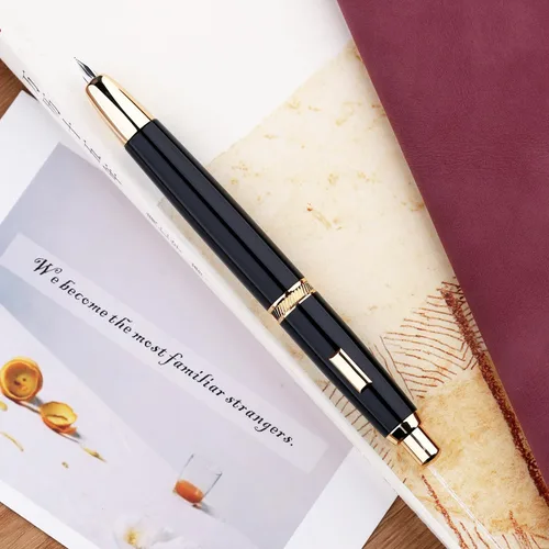 Vista 2 de Majohn A1 Pluma estilográfica con presión, plumín fino con convertidor, retráctil, set de escritura negro dorado (versión sin clip)