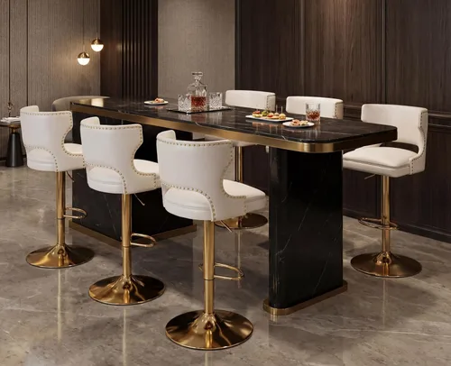 Vista 9 de EALSON Juego de 2 taburetes de bar de cuero giratorios de altura de mostrador con respaldo ajustable con base dorada, modernos taburetes de isla