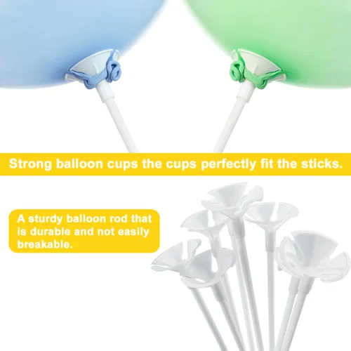 Vista 4 de 100 palos para globos, palos de globos de plástico de 16 pulgadas, soportes para globos con tazas para aniversarios, bodas, cumpleaños, decoraciones
