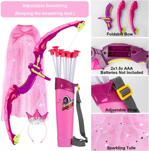 Vista 5 de Arco y flecha para niños, juego de tiro con arco con luz LED con capa de princesa y corona, 10 flechas de ventosa, objetivo y carcajes, juguete al
