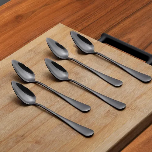 Vista 3 de 5 piezas de cucharas para pomelo, juego de utensilios de cuchara para pomelo de acero inoxidable, borde dentado y mango de calibre grueso